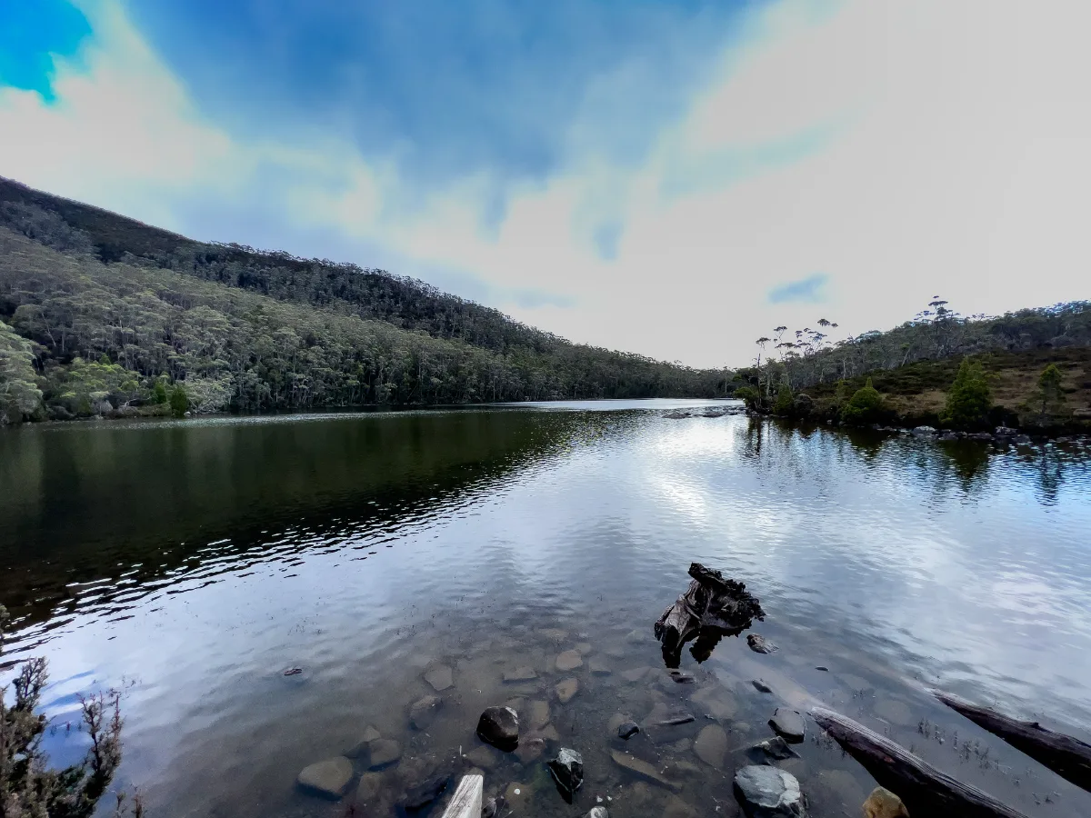 The serene and chilly waters of the alpine lake at the top of Mount Field.