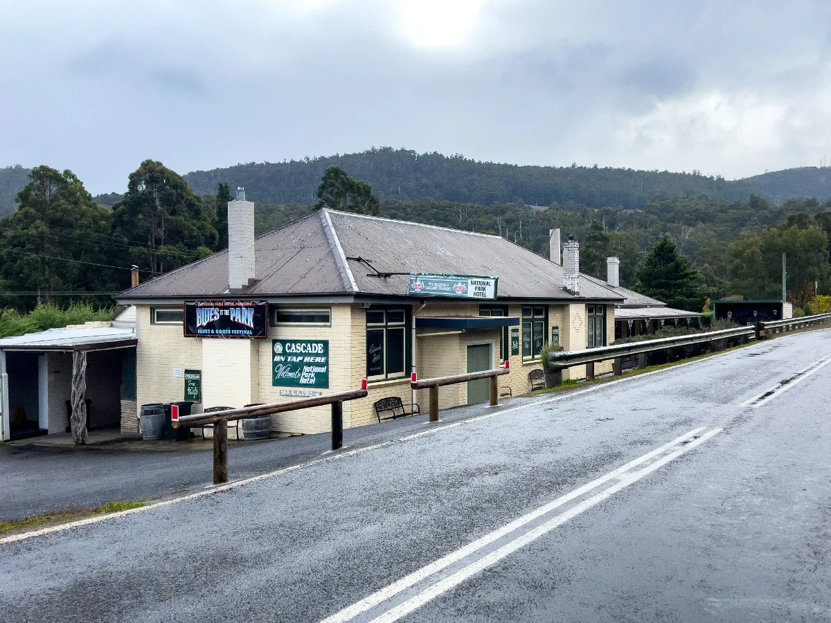 Our home base at the National Park Hotel, looking sturdy against the misty Tasmanian hills.