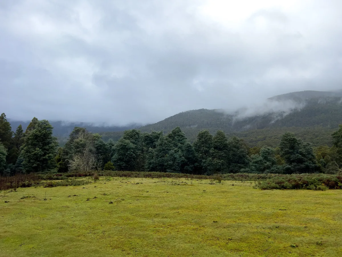 The misty mountains at Tyenna hiding behind a thick blanket of low clouds above the green fields.