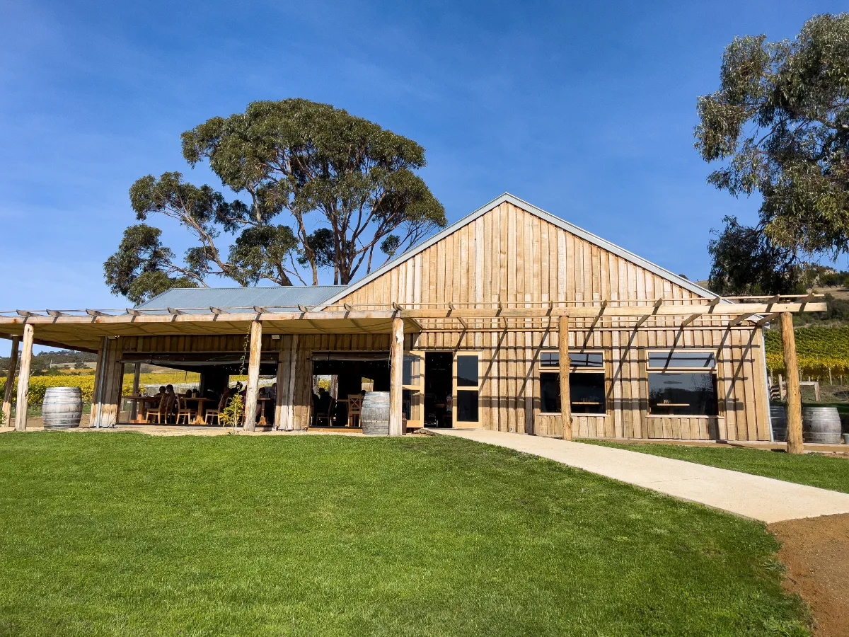 The beautiful timber building at Derwent Estate where we tucked into our anniversary meal.
