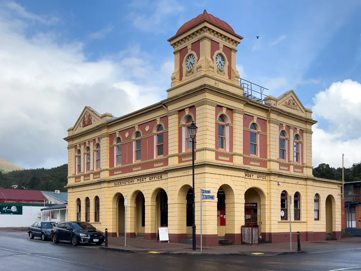 The old Queenstown Post Office, looking very sharp with its clock tower and colourful paintwork.