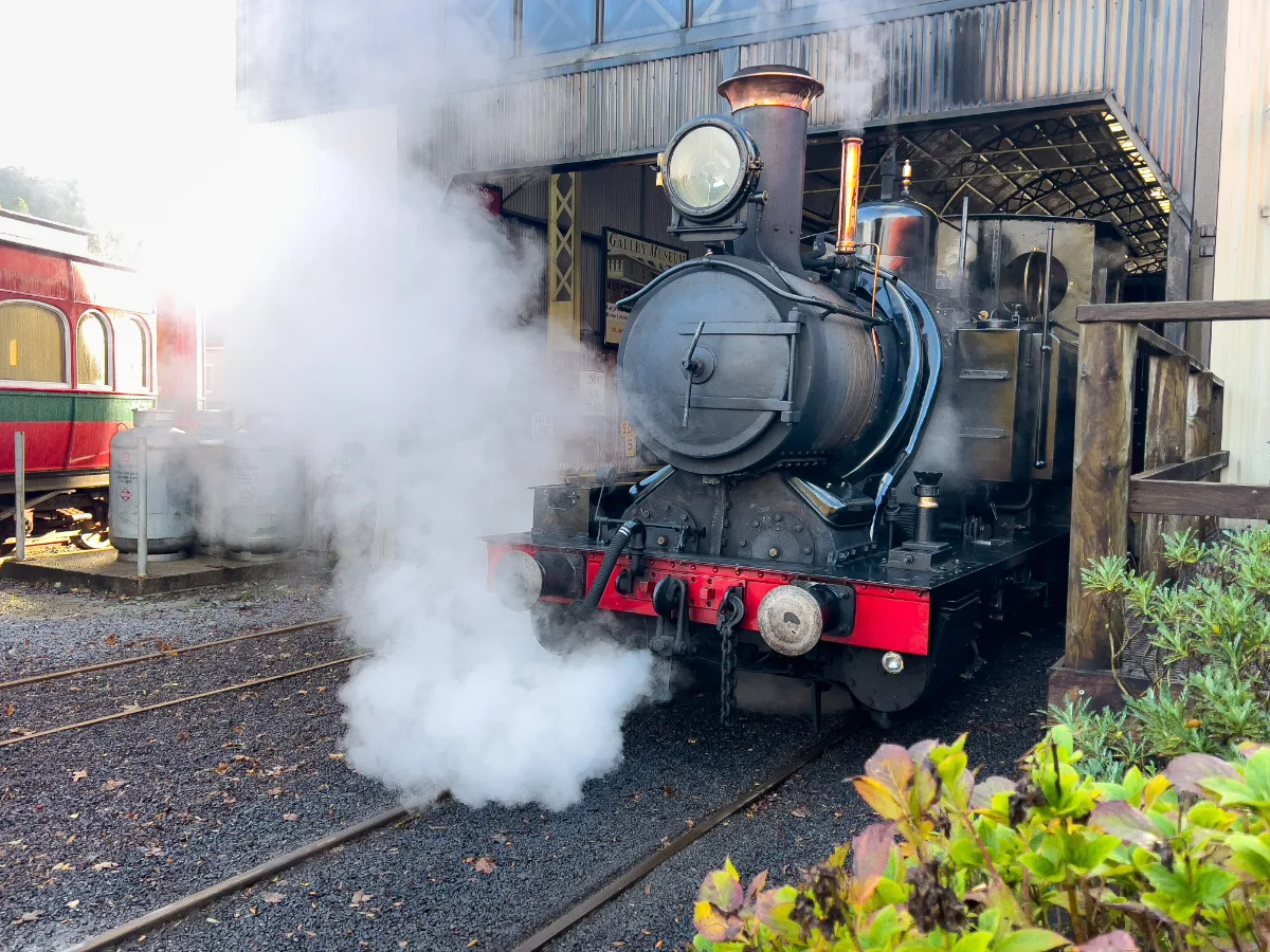 The magnificent steam engine prepares to depart Queenstown station, shrouded in a thick cloud of white steam.