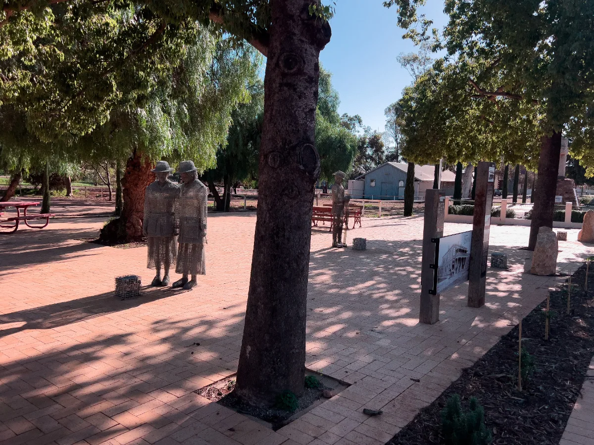 Wire sculptures of soldiers stand guard in the Quorn War Memorial Park.