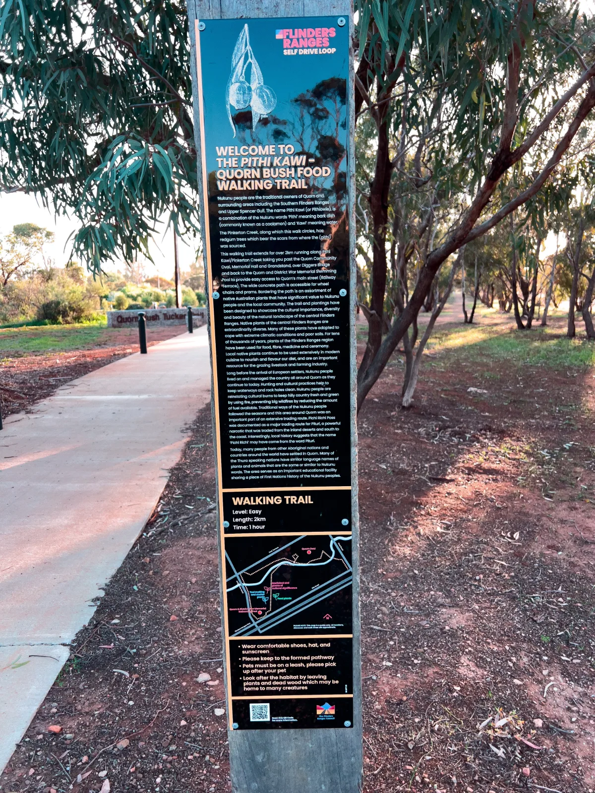 The trailhead sign for the Pithi Kawi-Quorn Bush Food Walking Trail in Quorn, South Australia.