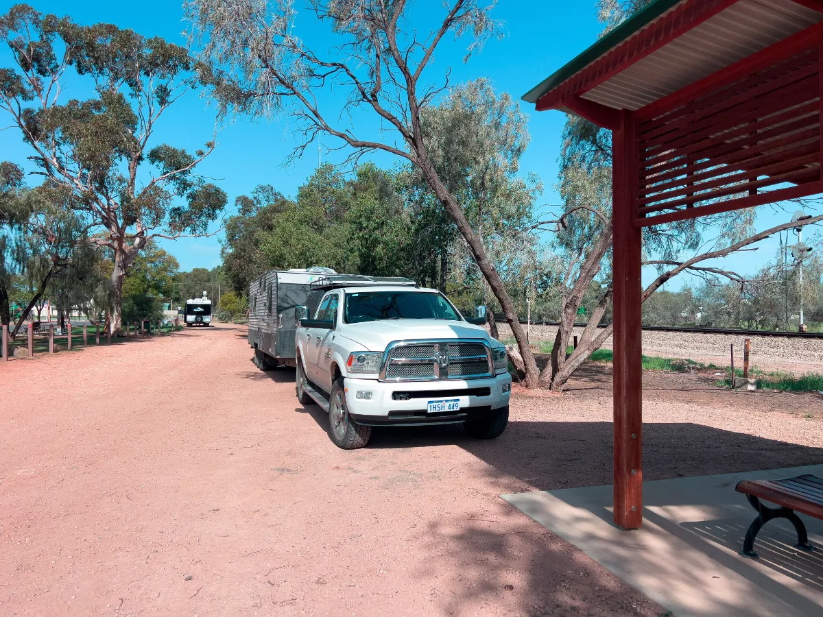 Our campsite in Crystal Brook, conveniently located - if a little close to the railway.