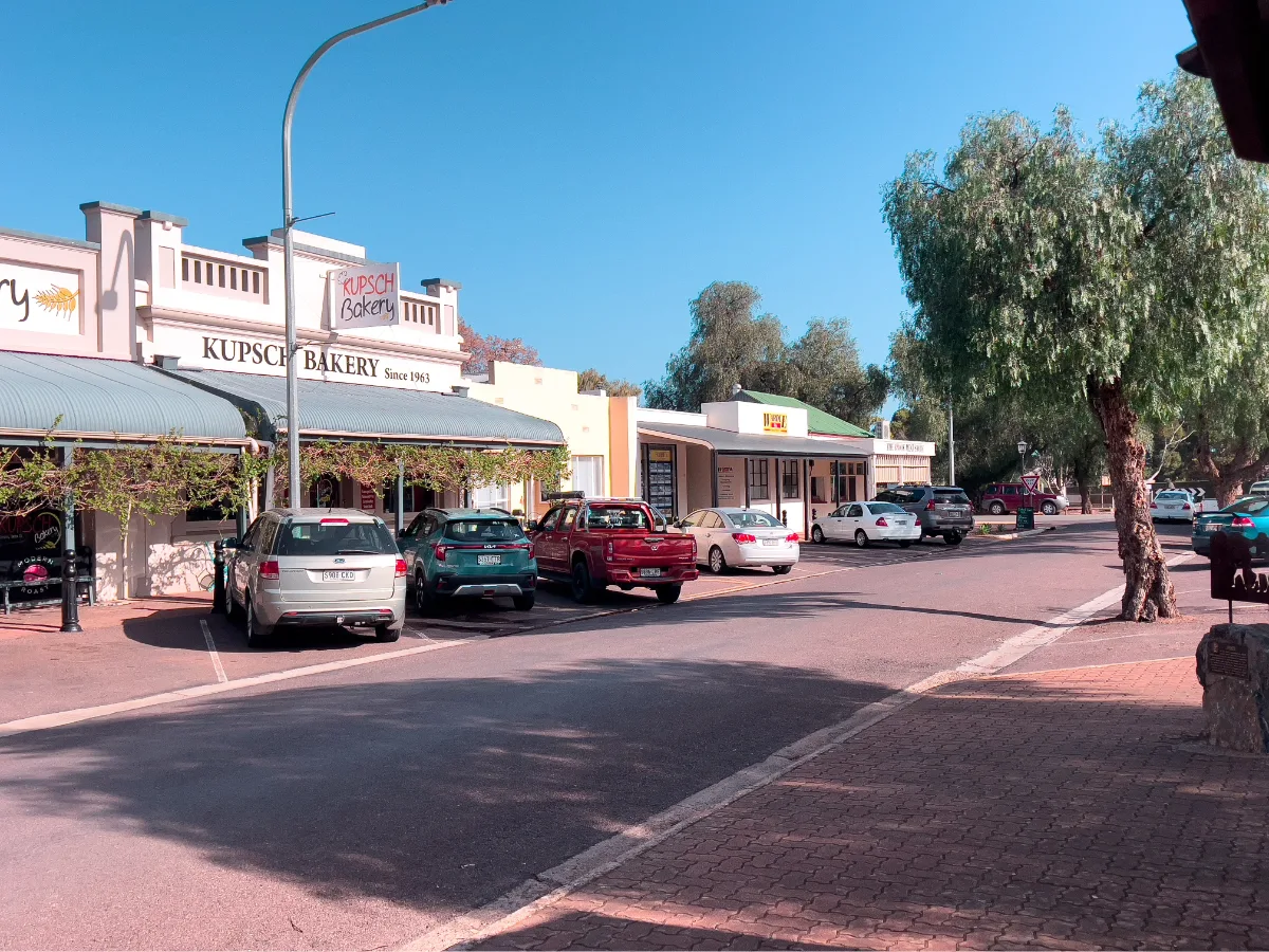 The main street of Crystal Brook, anchored by Kupsch Bakery, a local favourite since 1963.