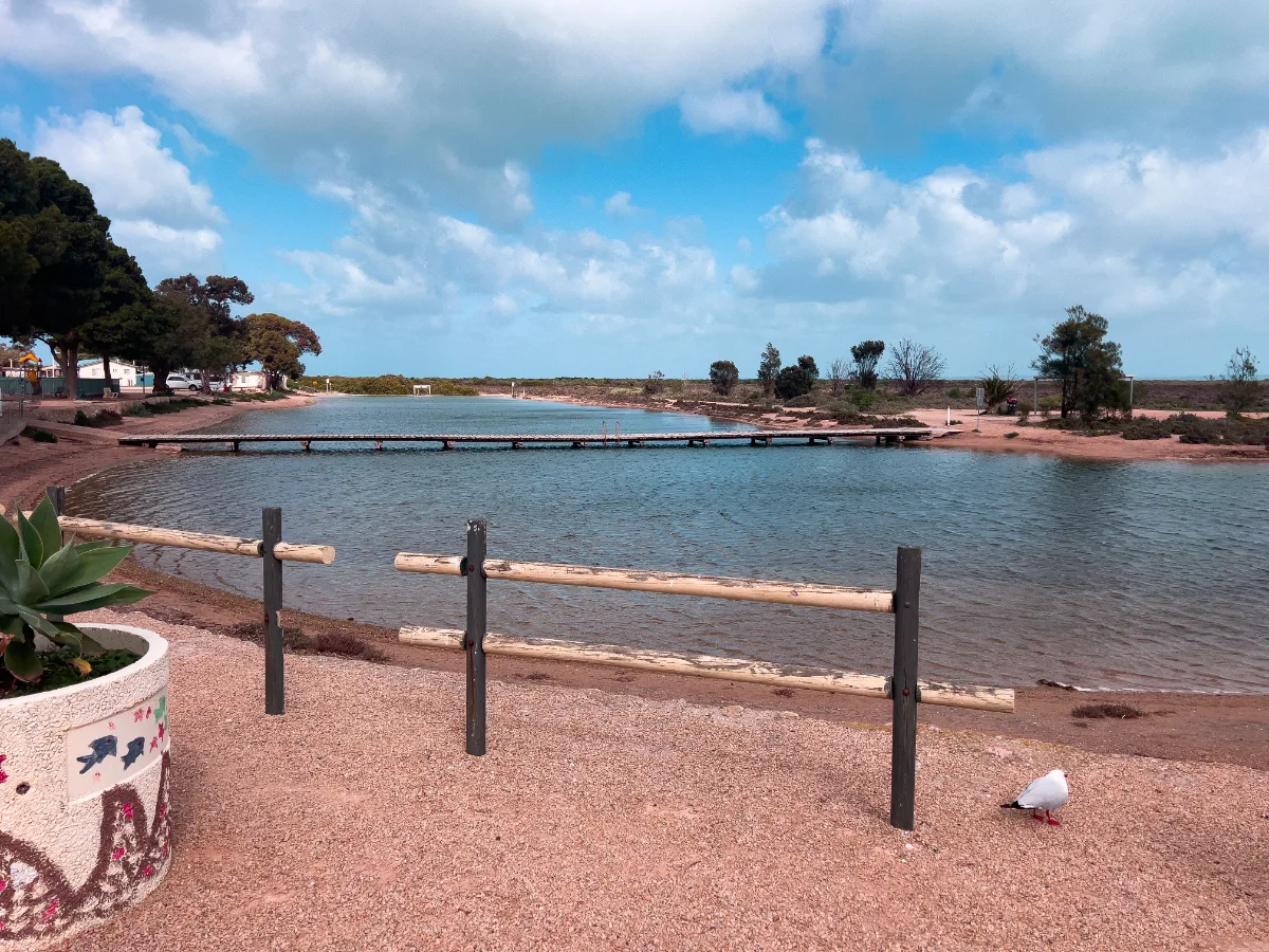 The calm waters of Port Wakefield, a quiet reminder of its maritime past.
