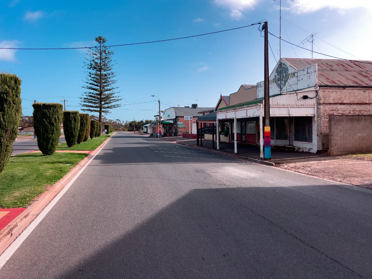 The main street of Bute, quiet but full of small-town charm.