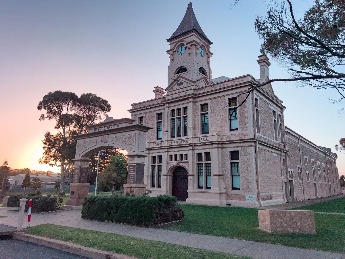 Wallaroo's Town Hall and clock tower, a stately landmark that anchors the town.