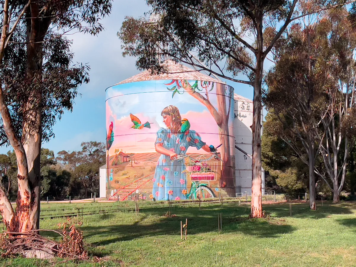 The Bute silo art features a young girl and bicycle, painted on the side of a grain silo.