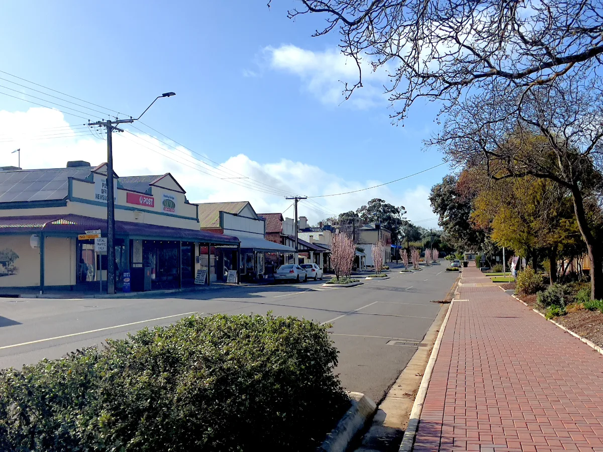 The main street of Hamley Bridge features a collection of local shops, each contributing to the town's unique charm.
