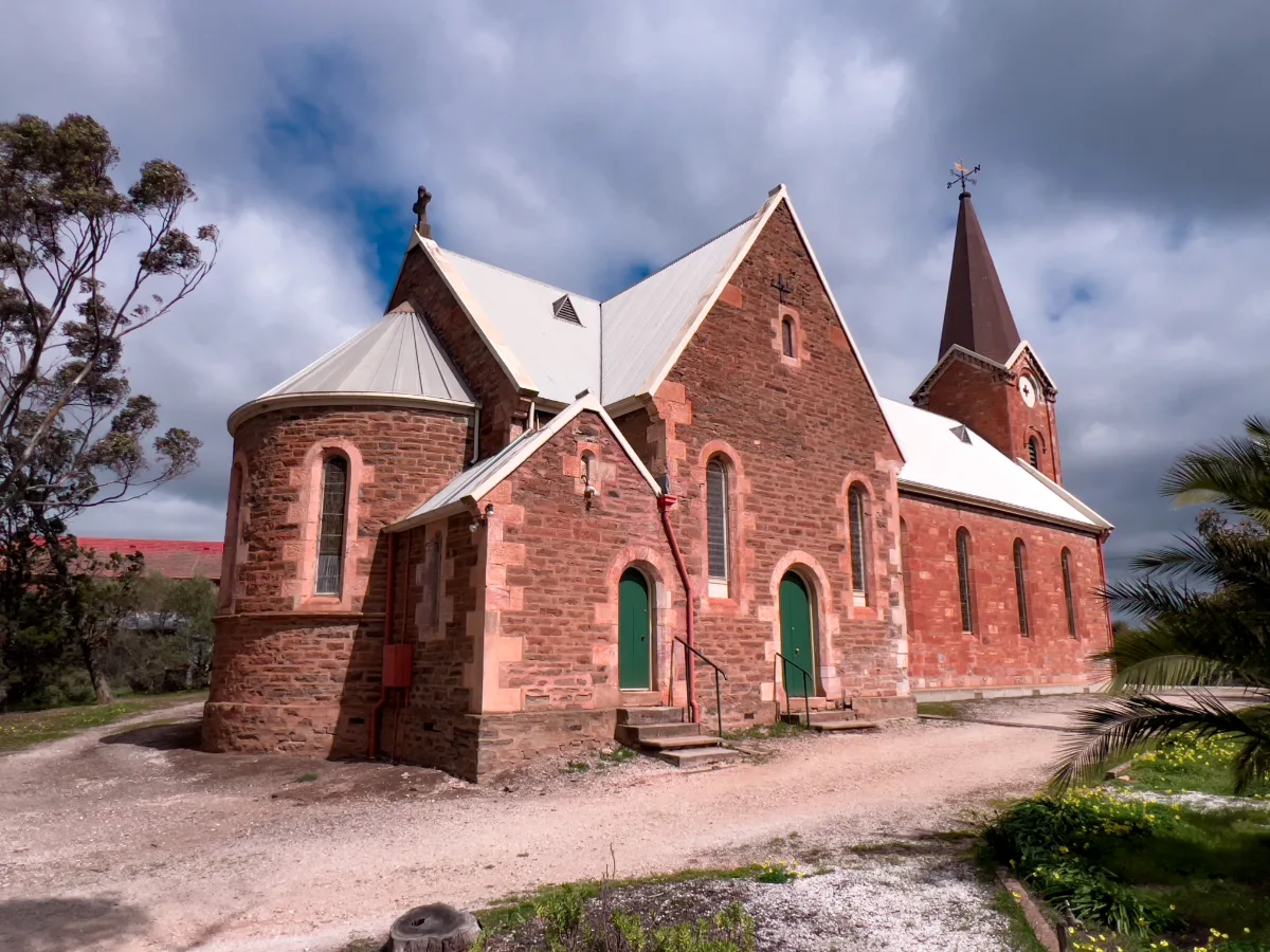 St. James' Anglican Church in Kapunda, showing off its unique off-center tower and spire.