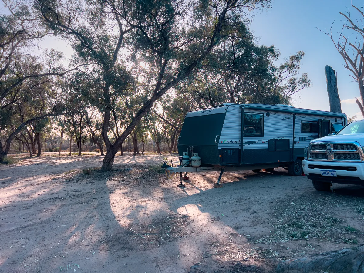 Our temporary Berri home, nestled among the gums, provides ample space to unwind.