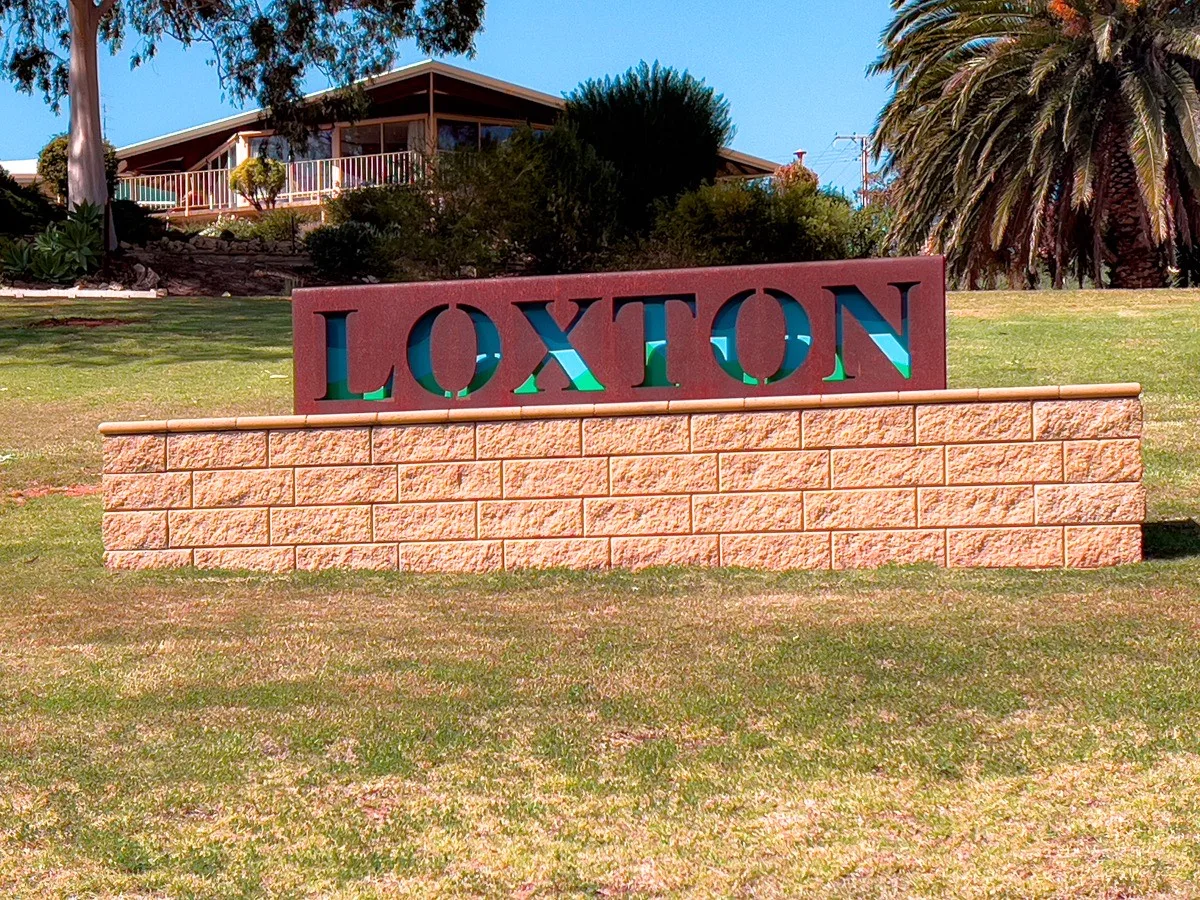 The Loxton welcome sign, a modern touch in a historic town.
