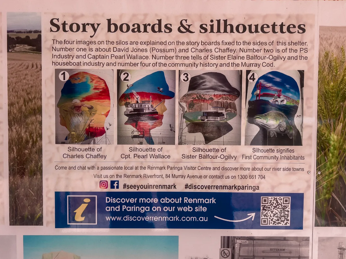 Story boards and silhouettes explain the meaning of the images on the silos.