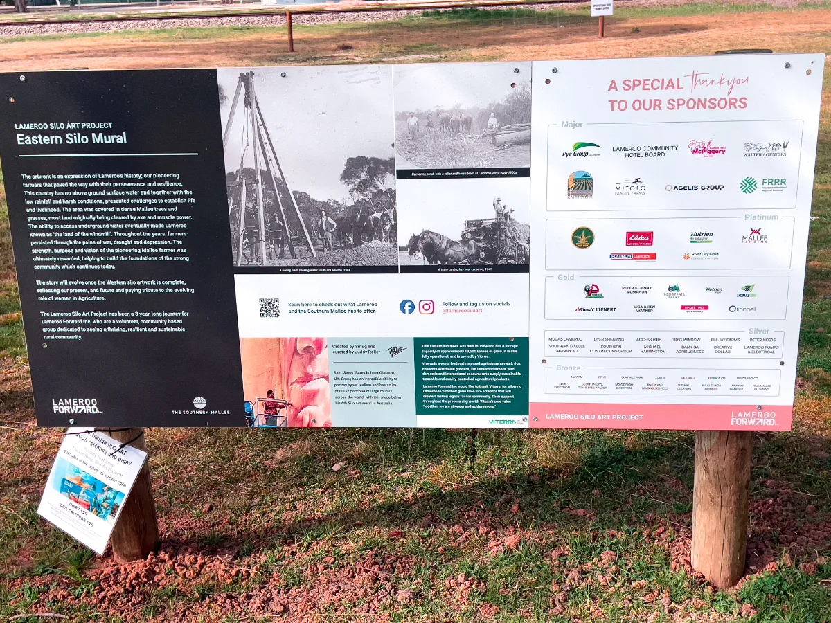 The information board details the story behind the Lameroo Silo Art Project and acknowledges the many sponsors that made the artwork possible.