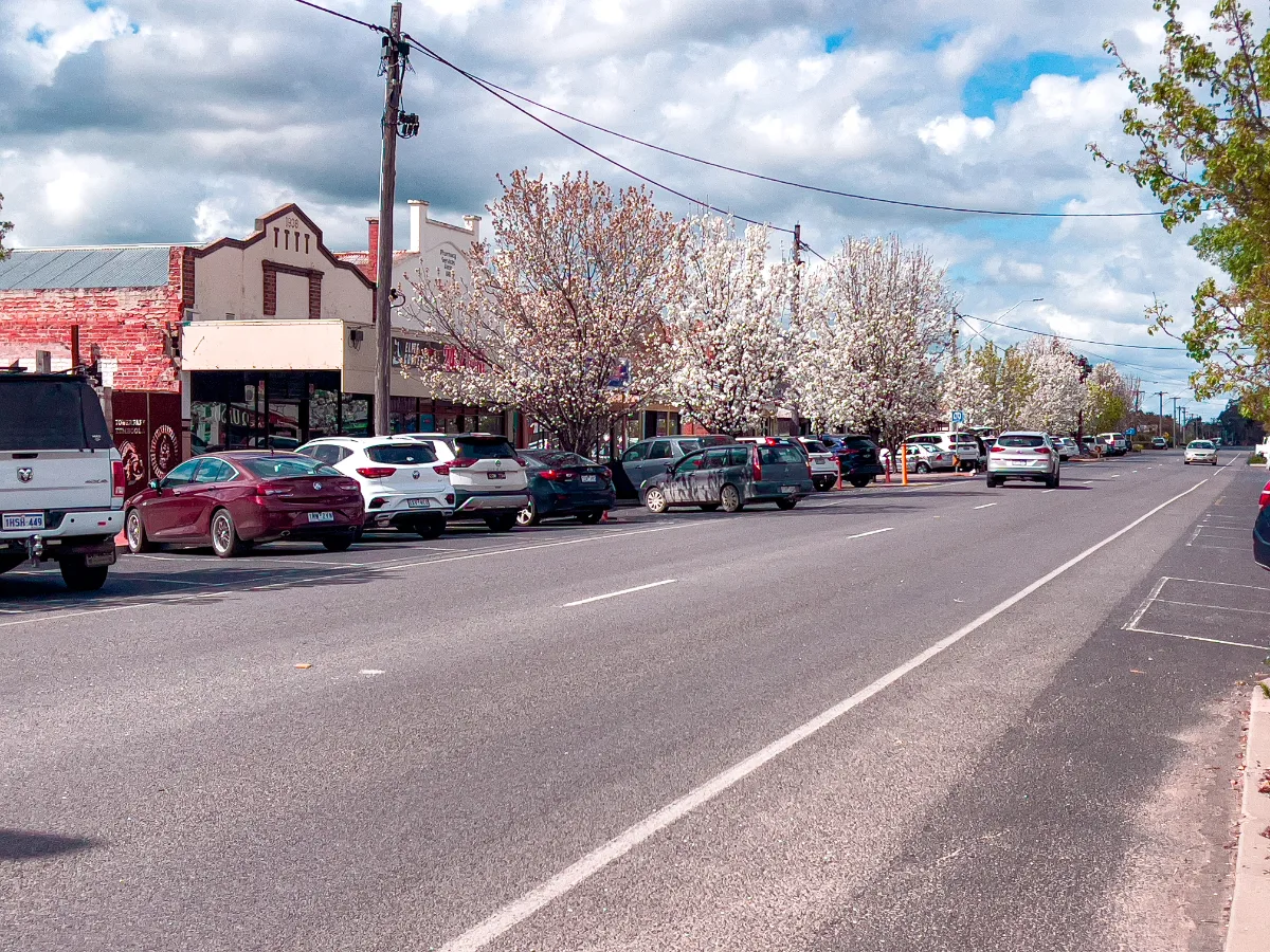 Dimboola's main street is lined with trees and historic buildings.