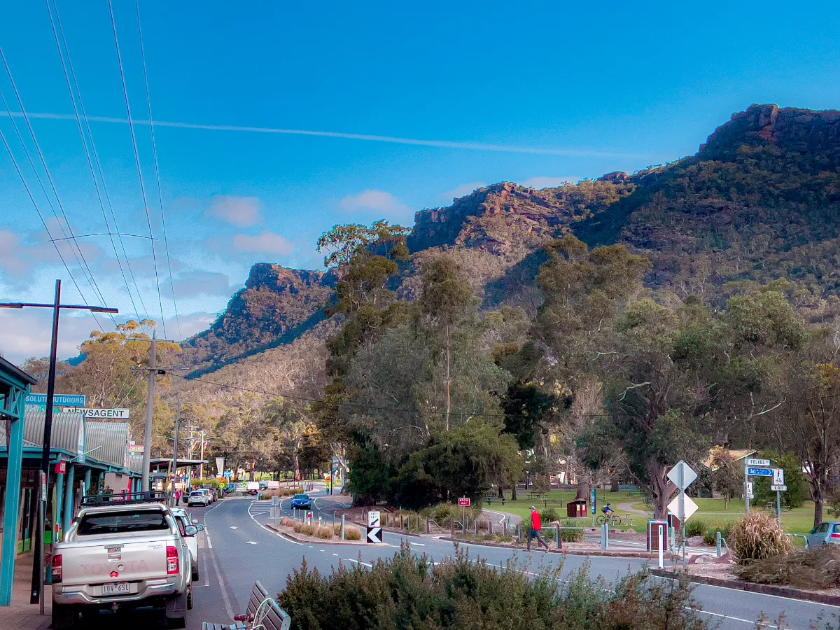 Halls Gap sits comfortably beneath the looming Grampians.