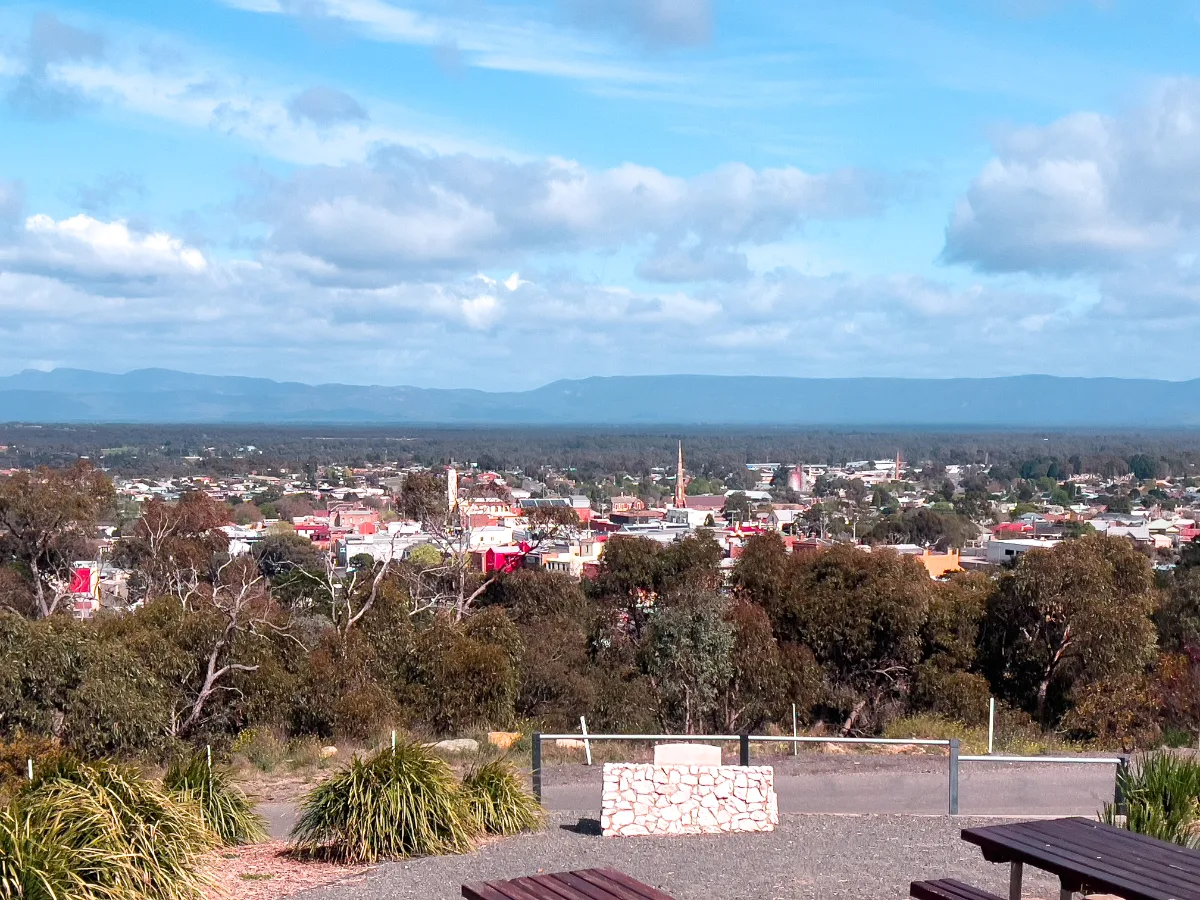 Stawell sprawls beneath a typically expansive Australian sky. A fine view from the high ground.
