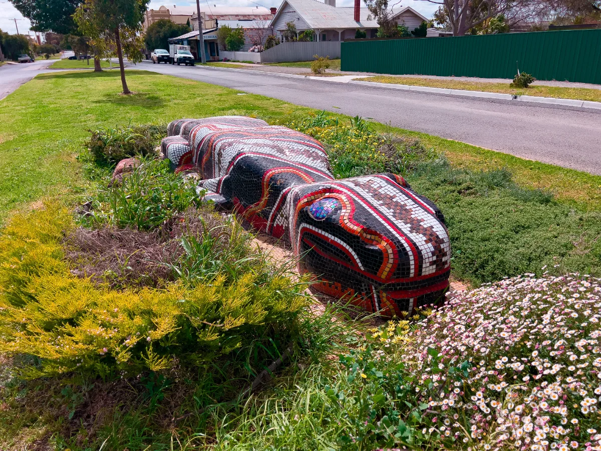 The mosaic goanna, a surprising and delightful piece of public art in Murtoa.