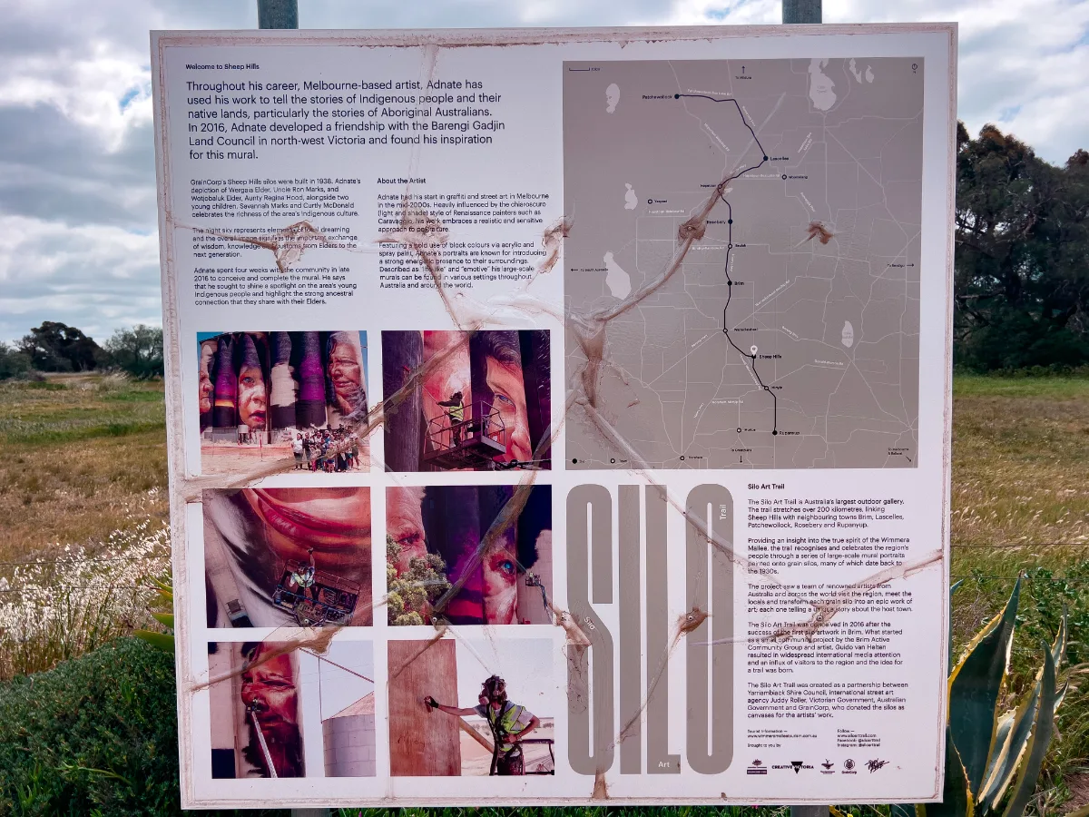 An information board reveals the Indigenous vision behind the art and the Silo Art Trail.