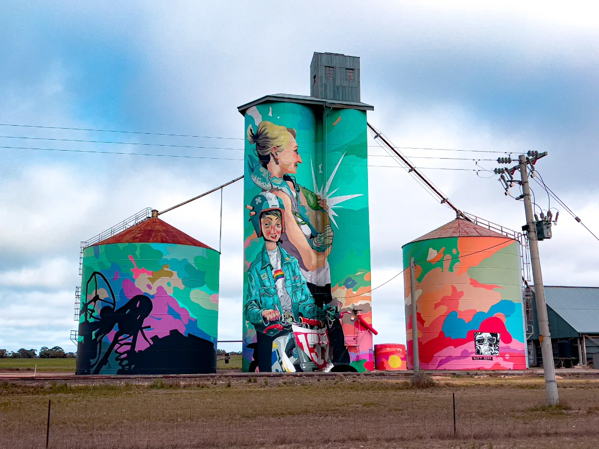 The Rainbow Silos Art, a vibrant addition to the Wimmera's landscape.