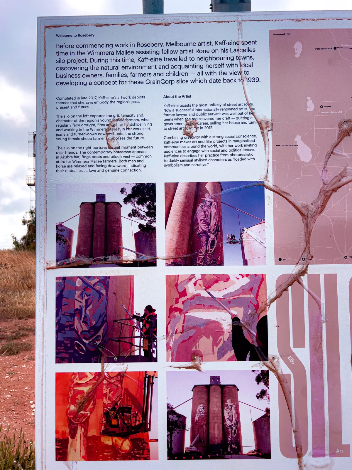The information board near the Rosebery silos provides insight into Kaff-eine's artistic process and the themes she explores in her artwork.