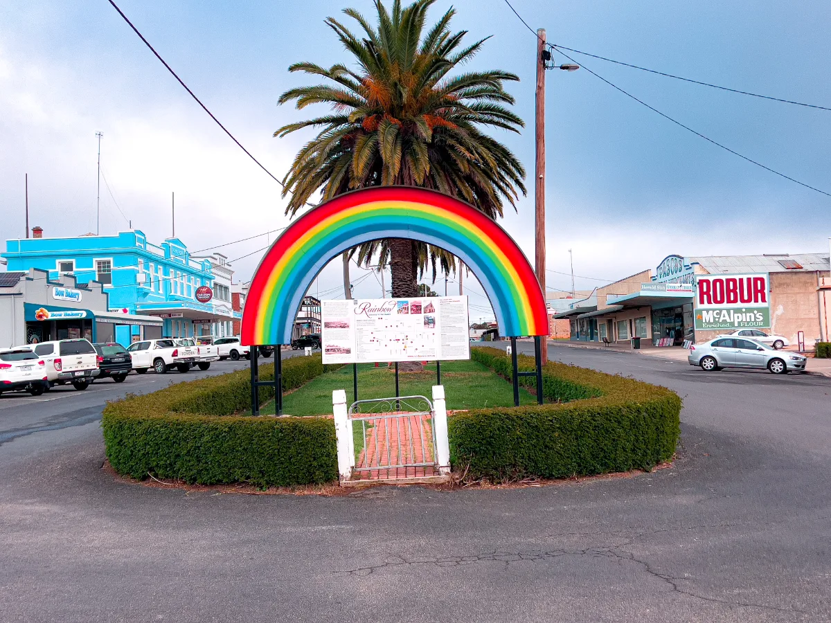 Rainbow's welcoming sign lives up to the town's name.