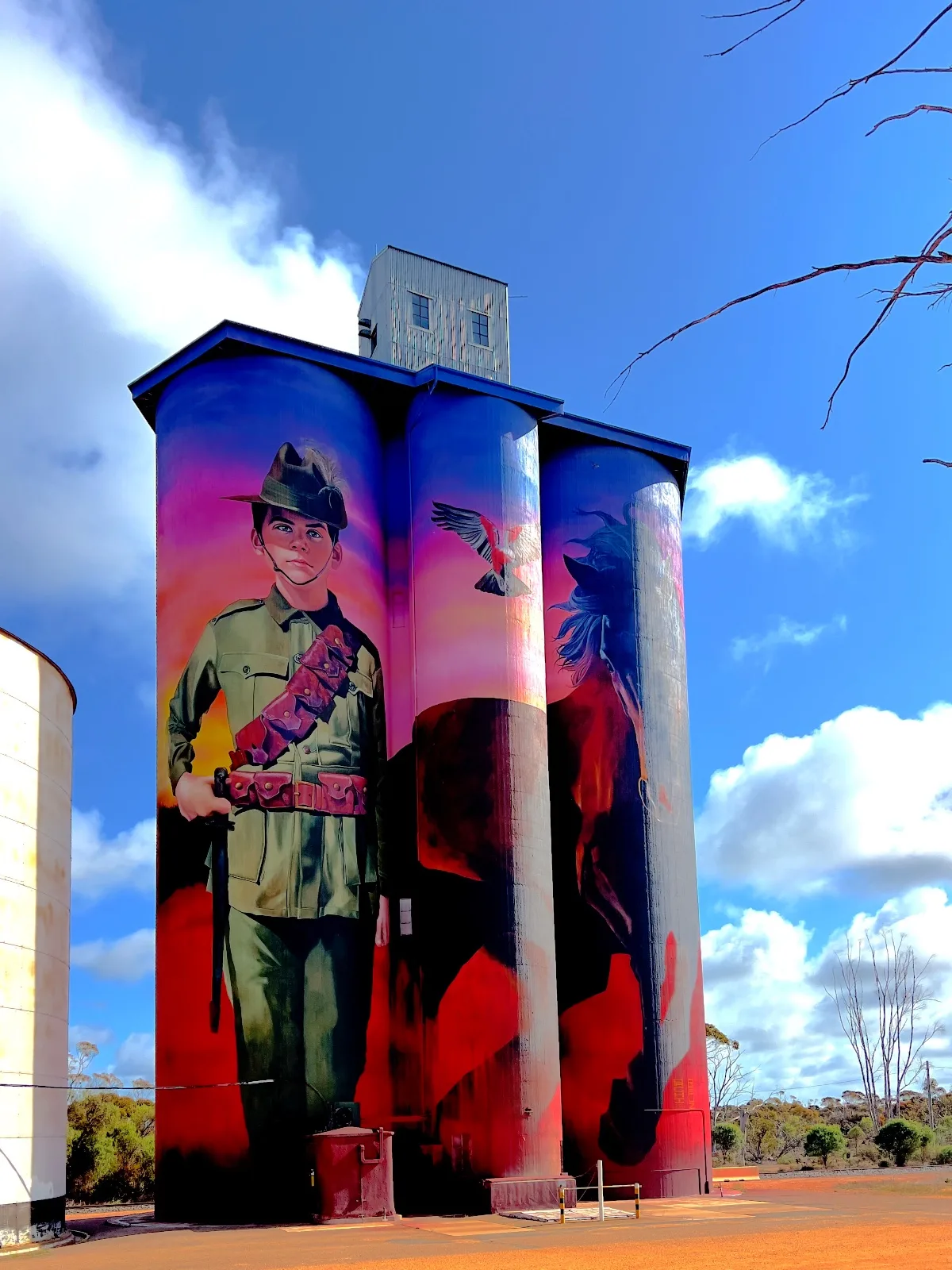 The GrainCorp silos at Walpeup, brought to life with a mural dedicated to a local World War One hero.
