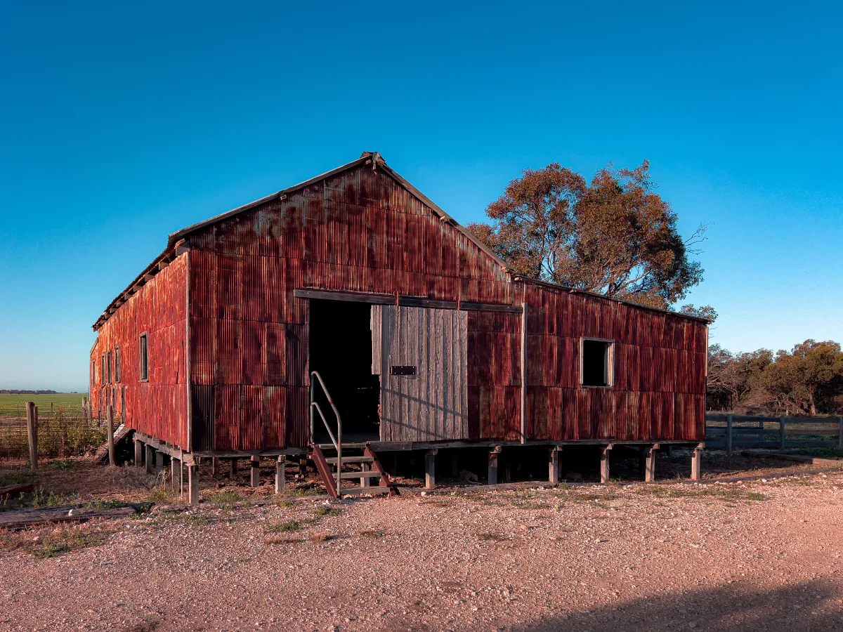 A rustic shed on the outskirts of Woomelang, its aged corrugated iron a testament to the town's agricultural heritage.