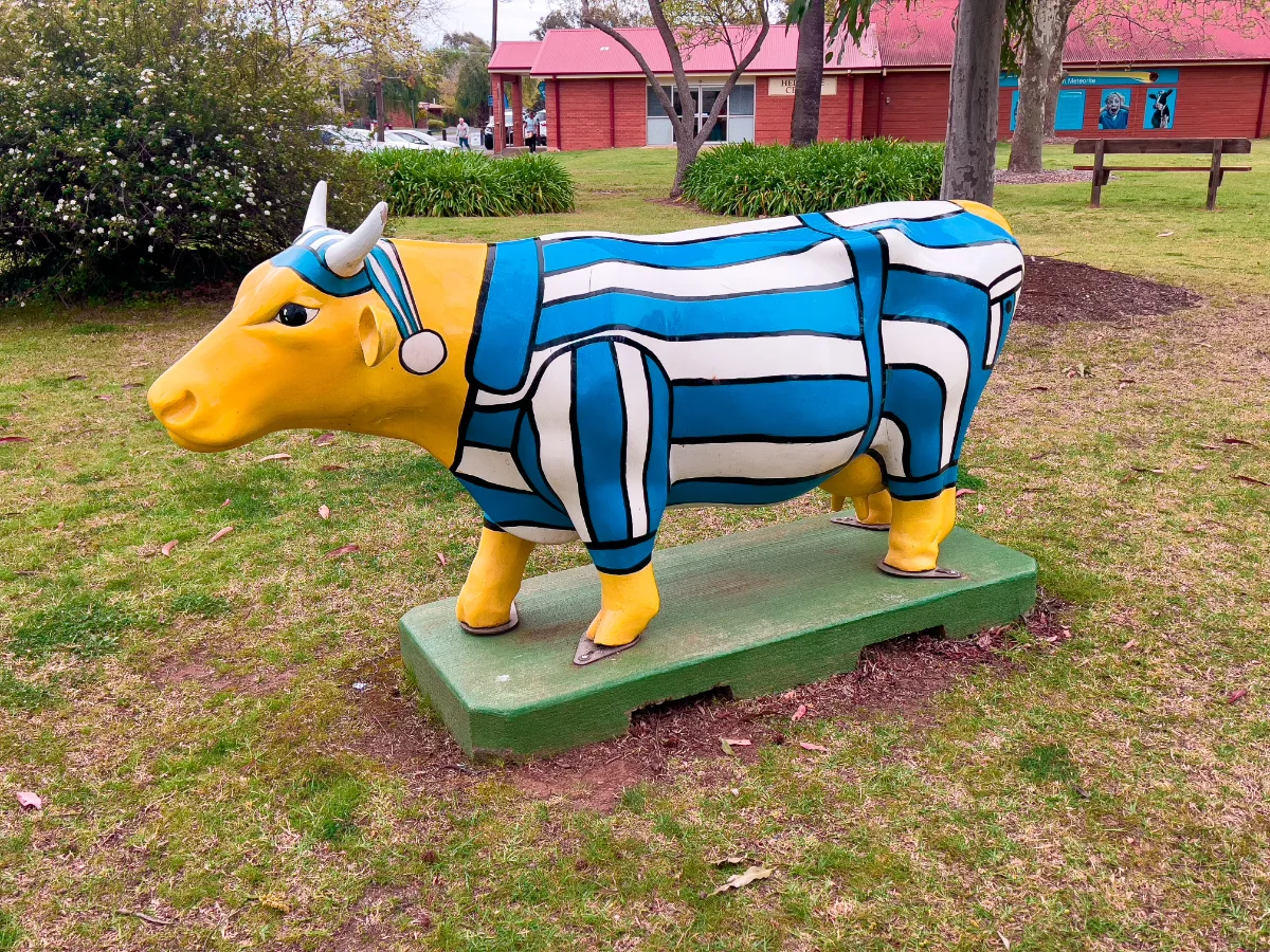 One of the many whimsically decorated cow sculptures dotted around Murchison.
