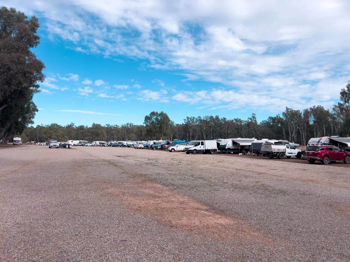 The Tocumwal caravan park, a temporary home for many travelers seeking respite by the Murray.