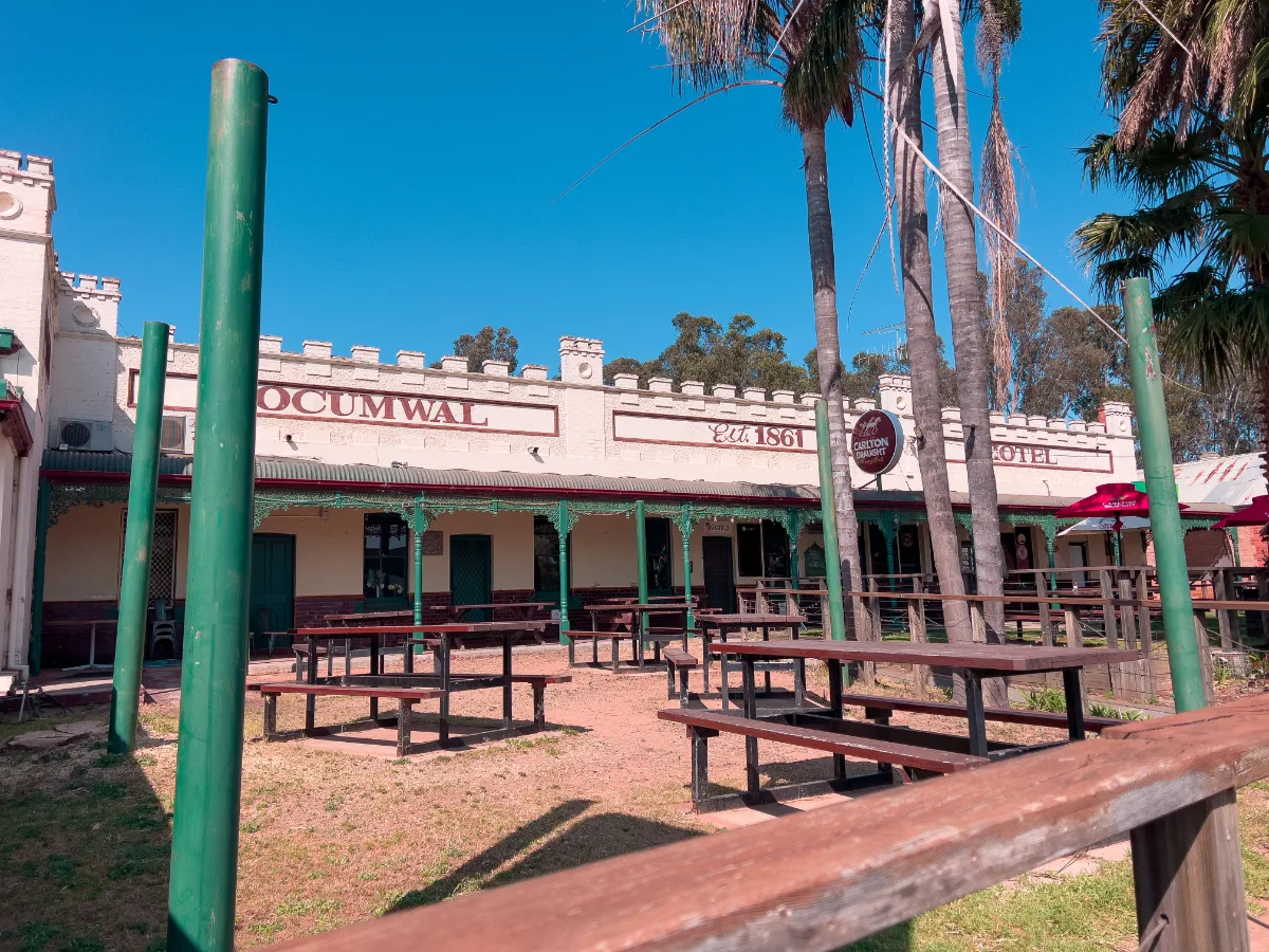 The Tocumwal Hotel, established in 1861, with its welcoming courtyard and shaded veranda.