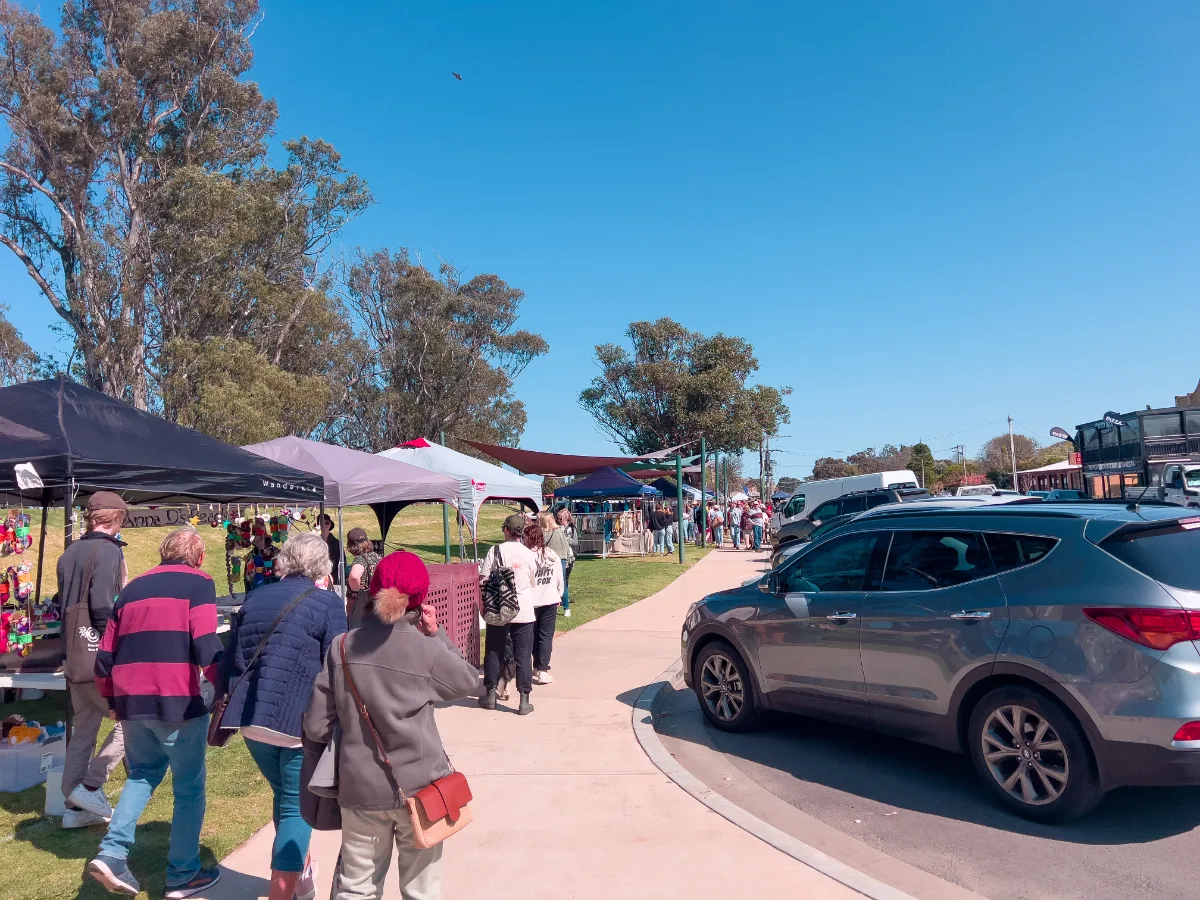 The bustling Tocumwal markets, a great place to meet locals and find unique treasures.