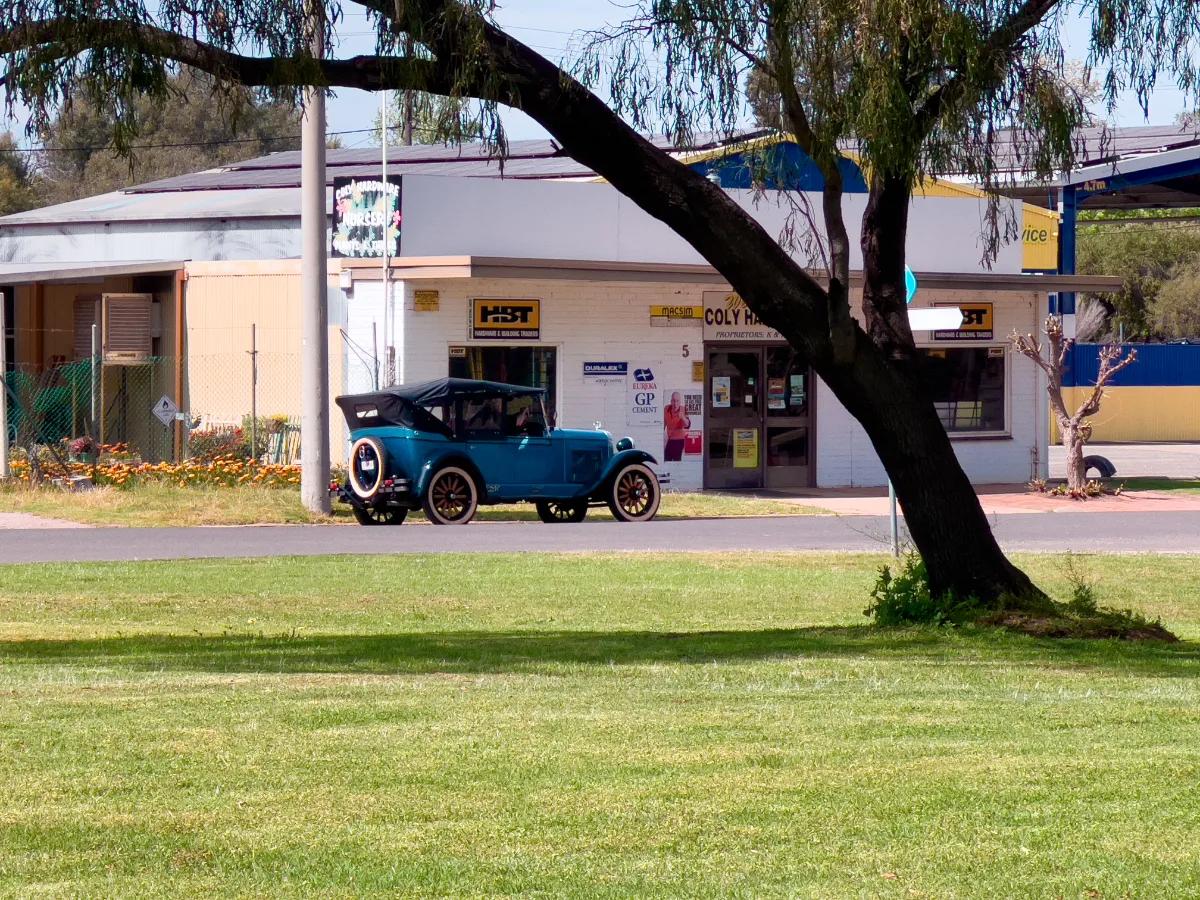 A splash of vintage blue in Coleambally's town center.