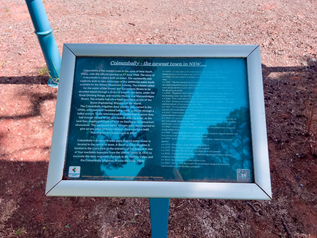 Coleambally's concise history, proudly displayed for all to see.