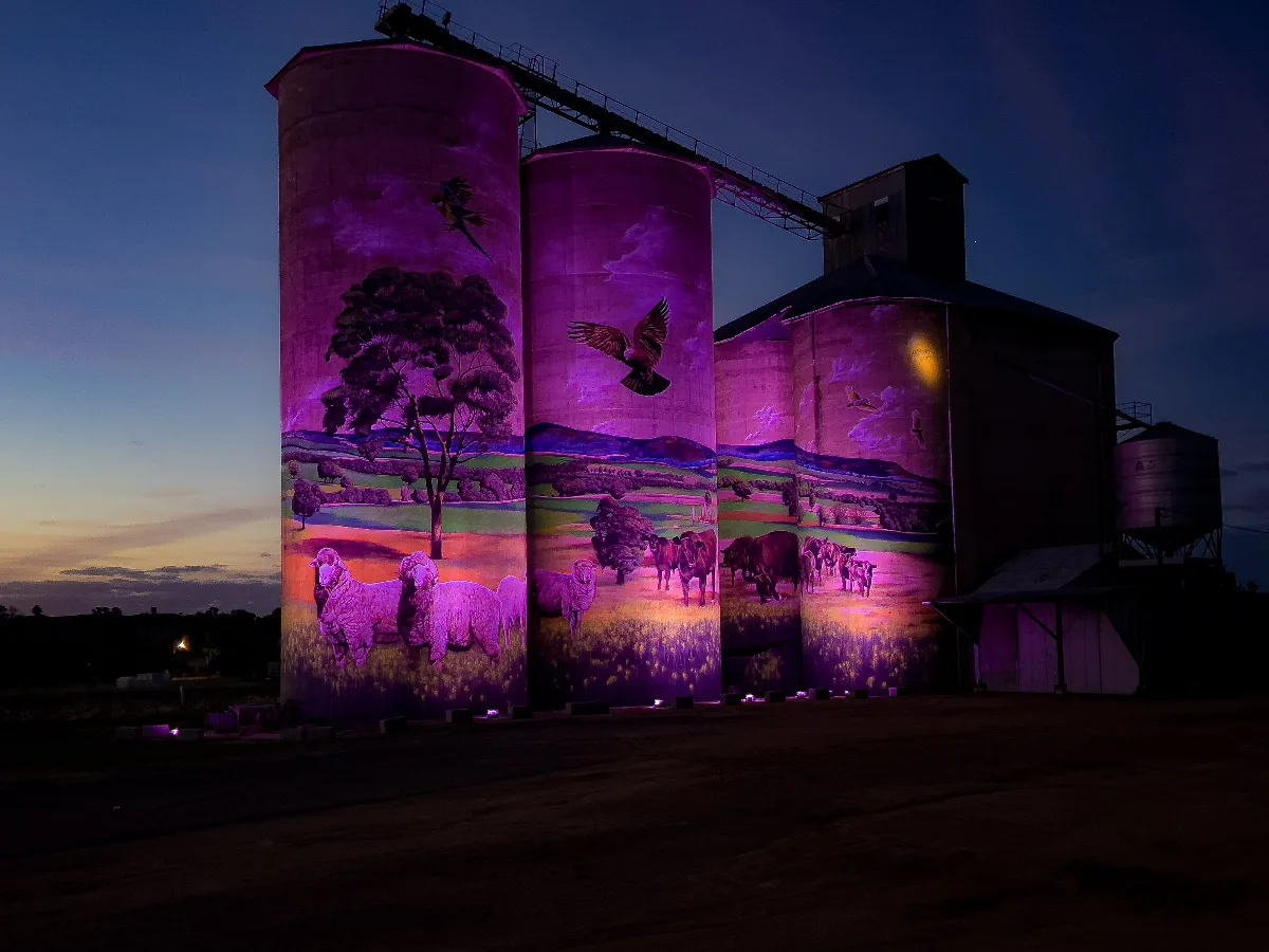 Bathed in purple light, the silos take on an ethereal quality during the light show, creating a magical and mesmerizing effect.