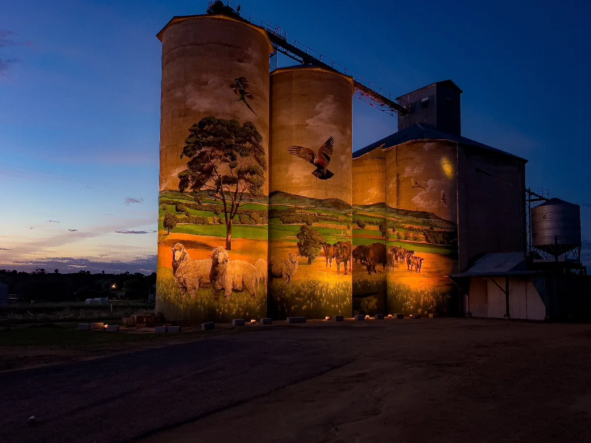 Grenfell's silo art during the daylight hours, showcasing the original artistry.