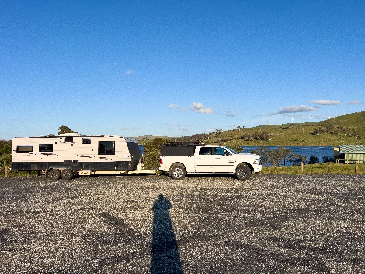 Our trusty rig parked at the Carcoar lookout, a temporary haven after the crowded dam fiasco.