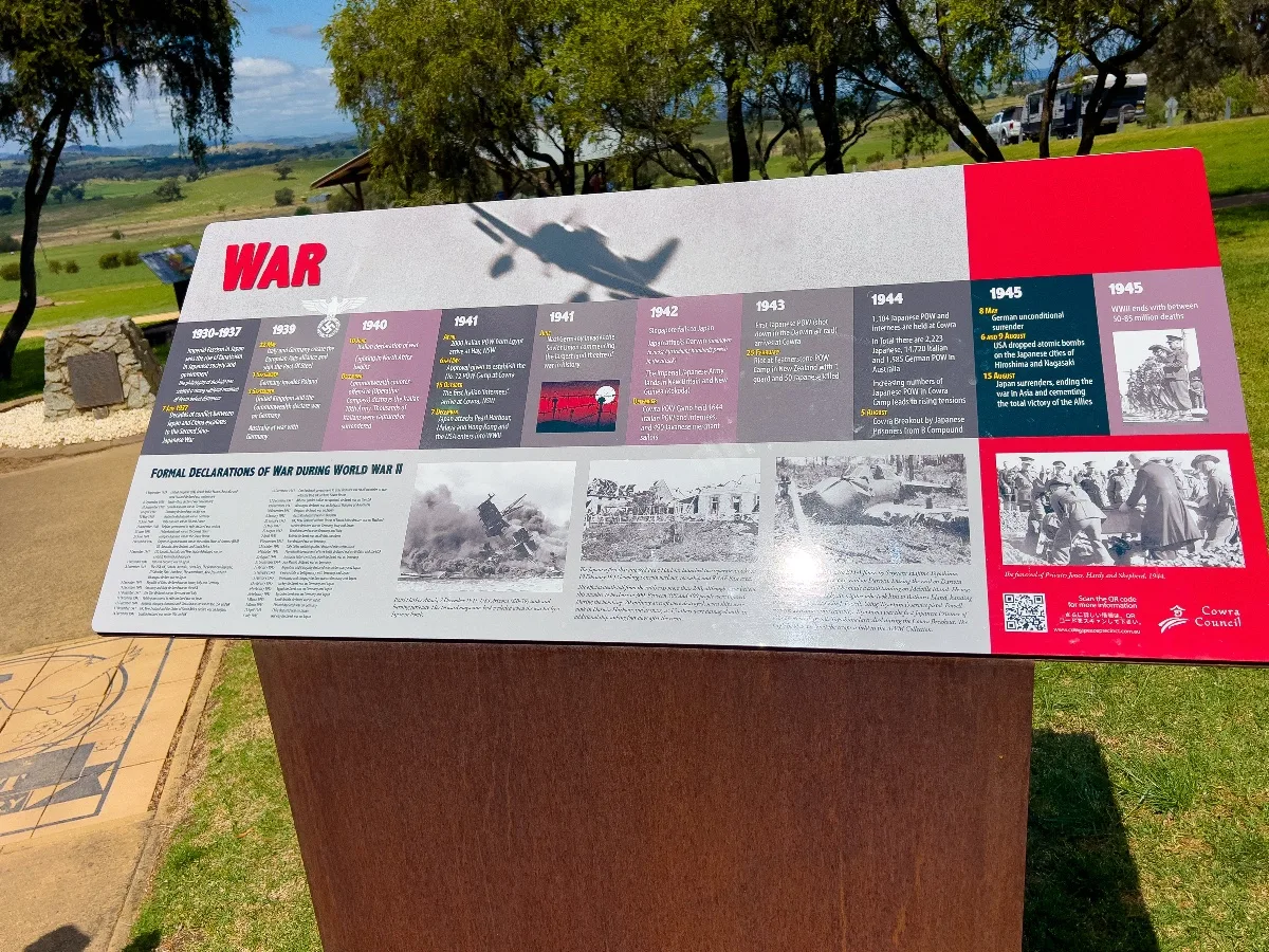 An informational sign detailing the history of the Cowra Prisoner of War Camp.