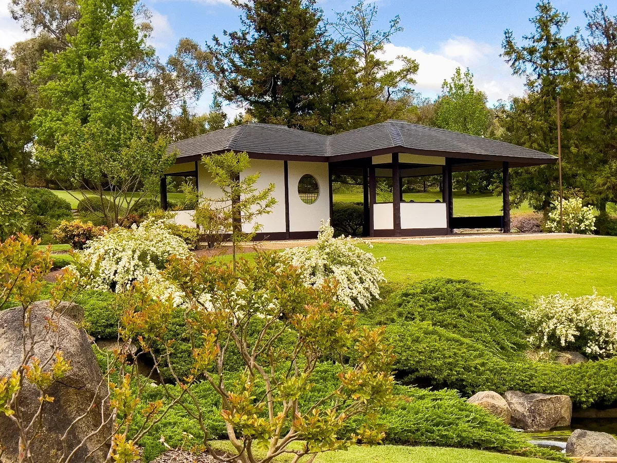 A traditionally designed building nestled within the serene Cowra Japanese Garden.