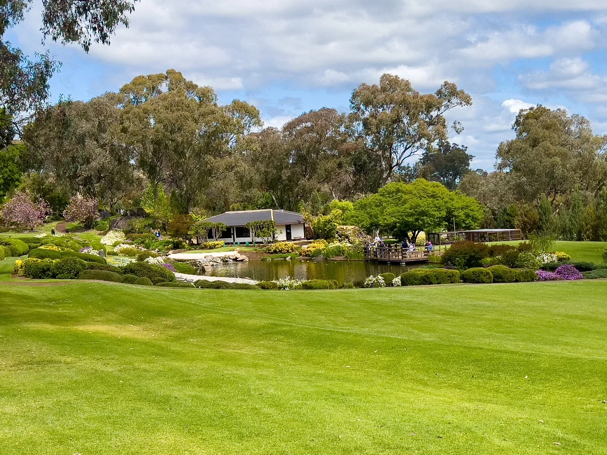 A panoramic view of the meticulously crafted Cowra Japanese Garden.