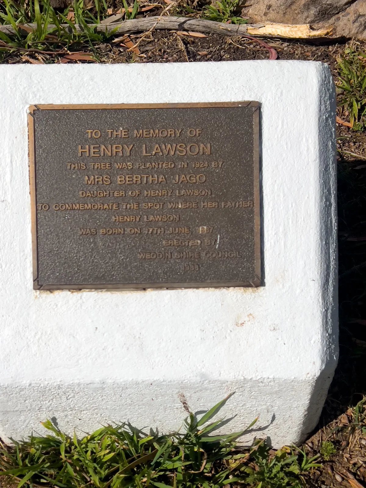 A plaque commemorating a tree planted by Henry Lawson's daughter in 1924.