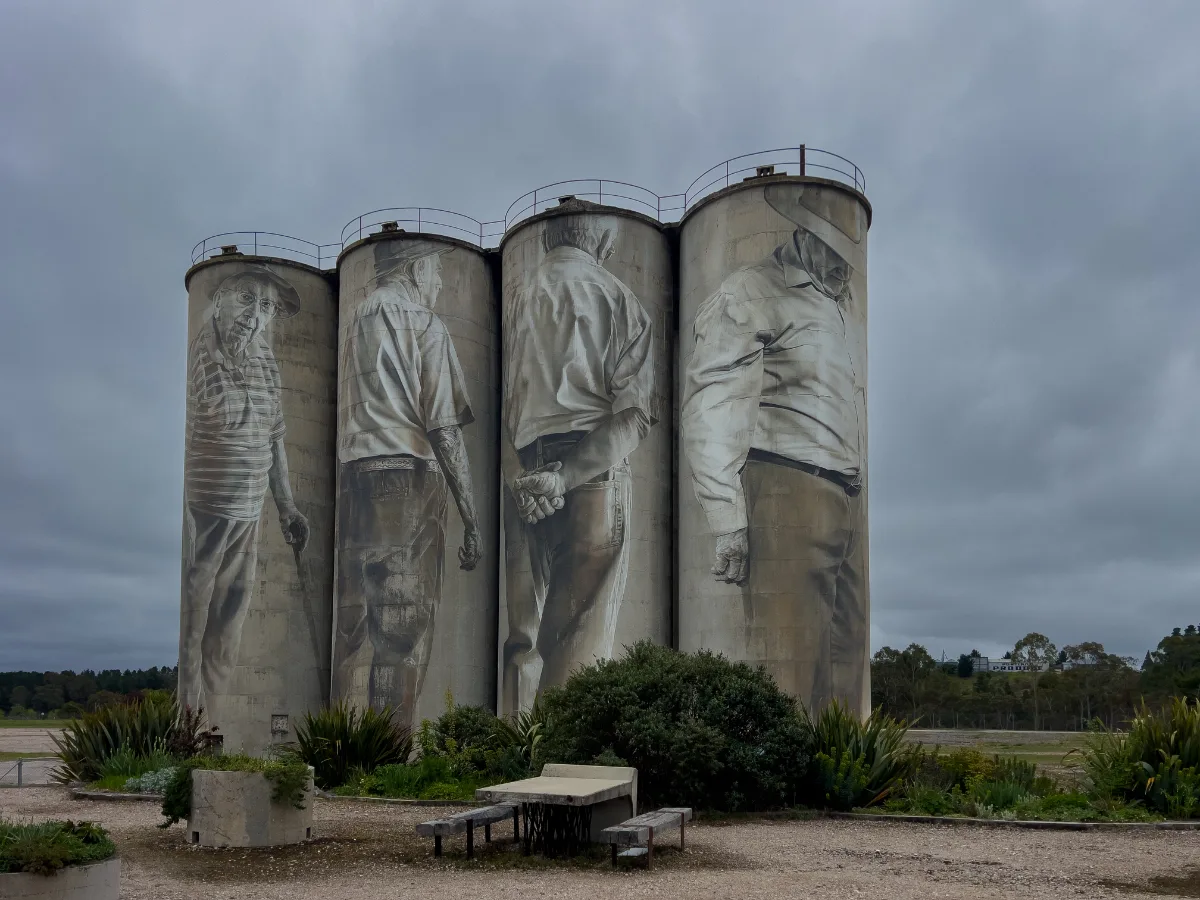 The impressive monochrome silo art in Portland, New South Wales, depicting the town's industrial workers.