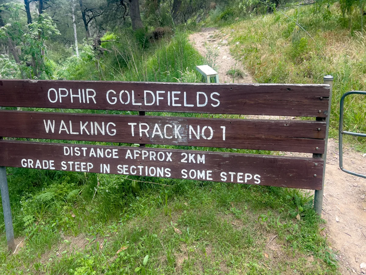The sign marking the start of the Ophir Goldfields Walking Track, a 2km journey into history.