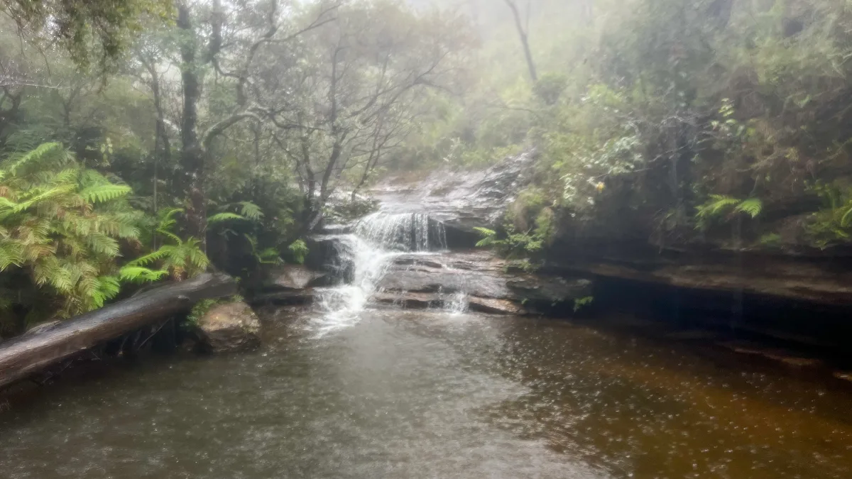 A small waterfall creates a tranquil scene in the rain.