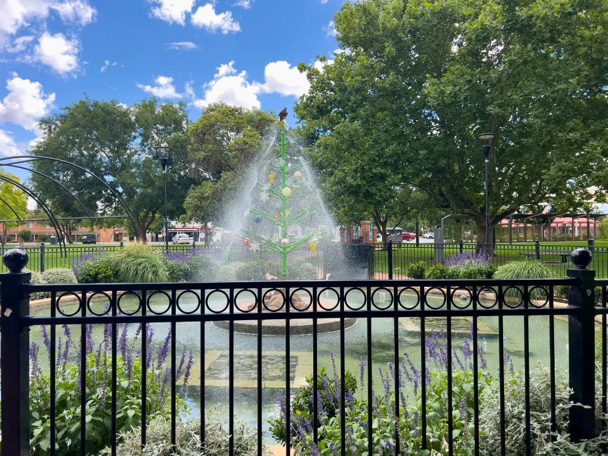 Even the water fountain gets into the Christmas spirit in Parkes.