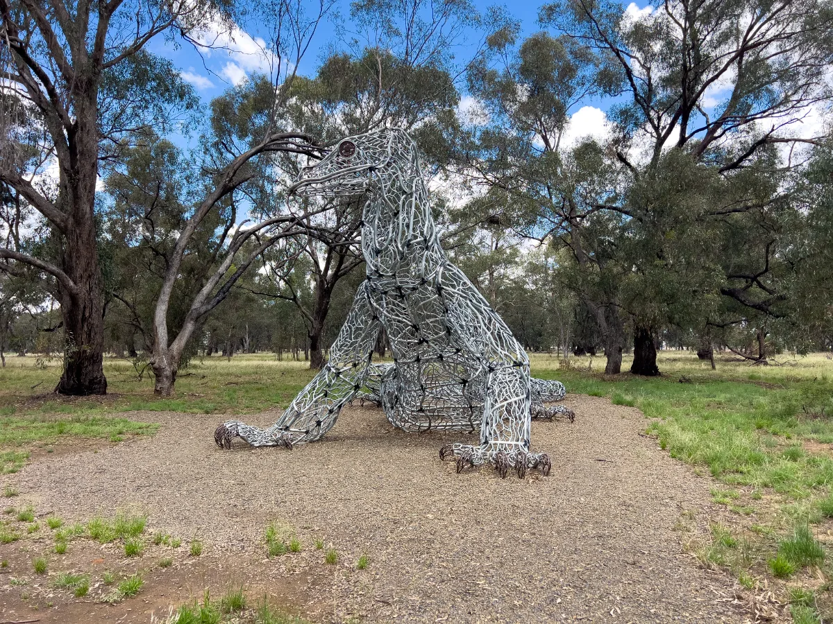 A large goanna sculpture at a park outside of Forbes.