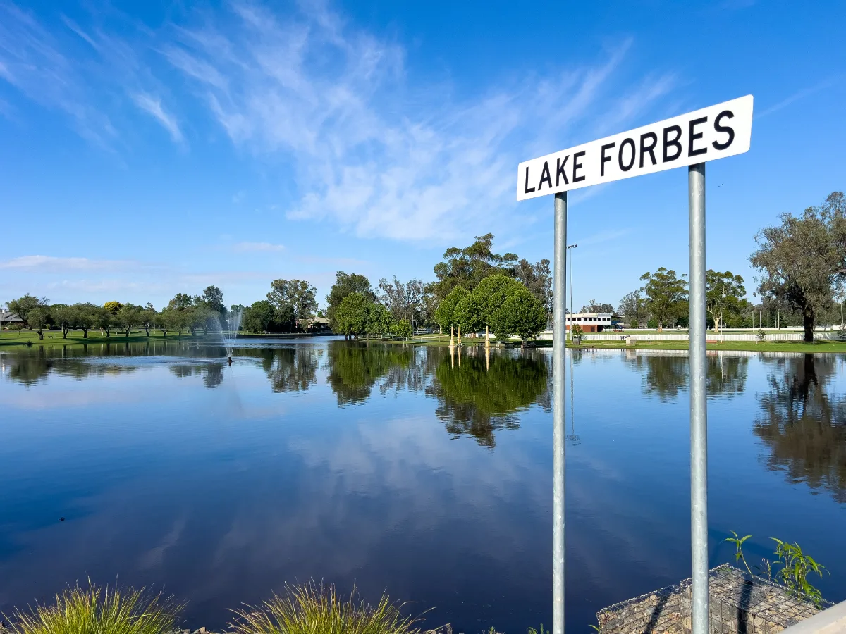 Lake Forbes under a brilliant blue sky. The fountain is doing its best.
