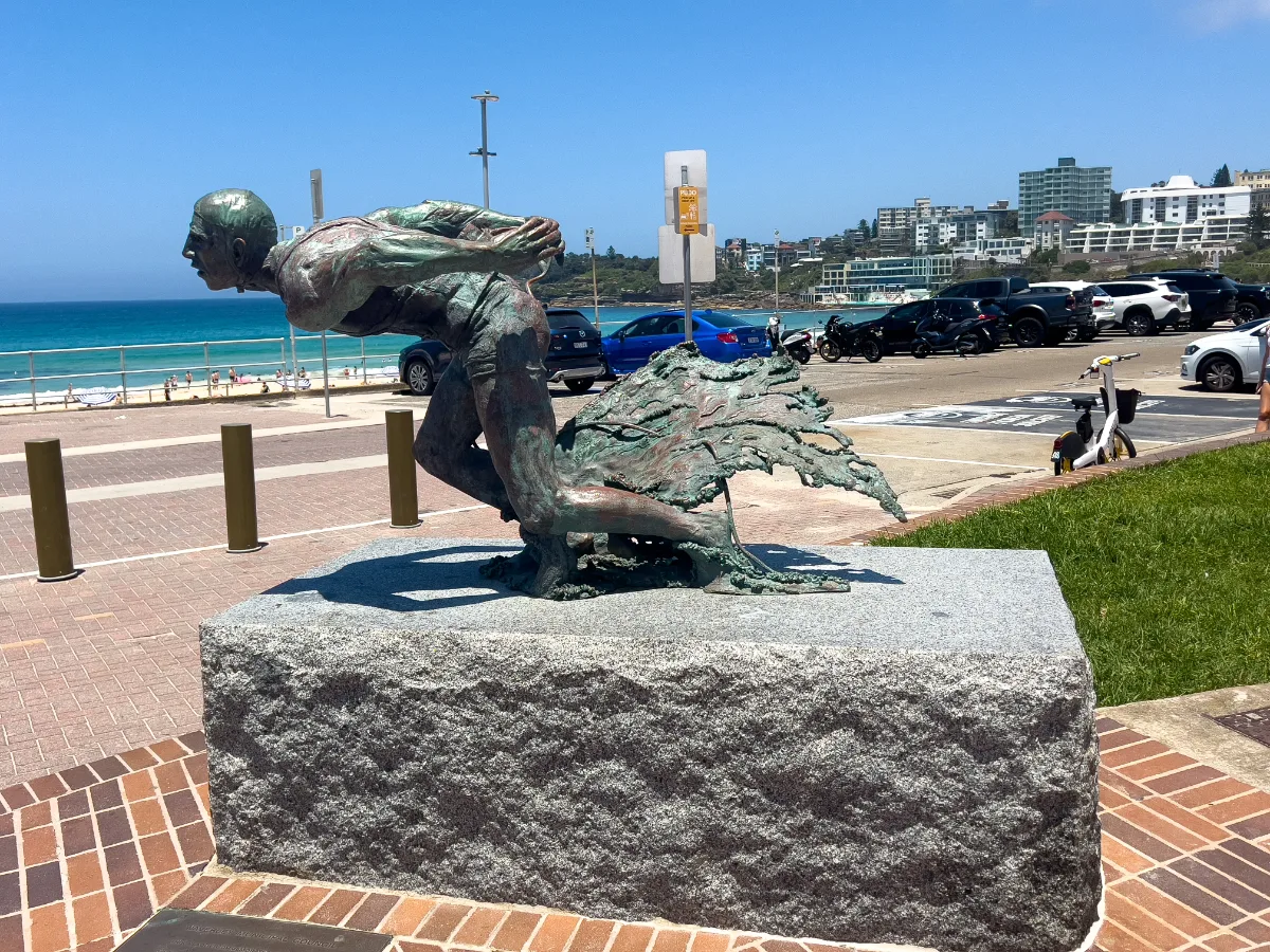 The Diver statue, a dynamic tribute to Bondi's aquatic spirit.